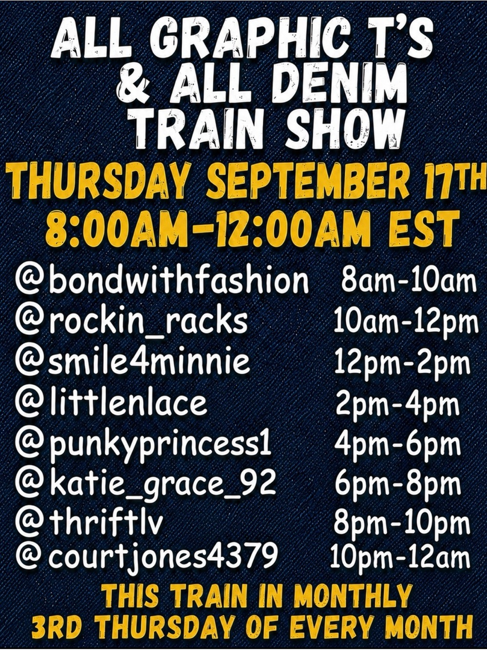 ALL GRAPHIC T’S & ALL DENIM TRAIN SHOW THURSDAY 9/17 8:00am-12:00am EST - Picture 1 of 11